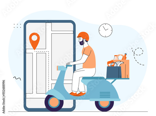 Express delivery concept. Man on scooter with food rides on background of smartphone. Courier at motorcycle near map with gps pin. Shipping and transportation. Linear vector illustration