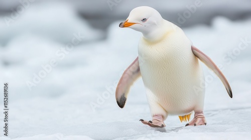 Albino penguin walking on ice, A rare albino penguin makes its way across an icy expanse, standing out against the cold white landscape. 