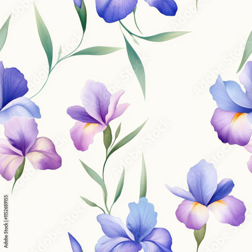 Beautiful floral pattern featuring purple and blue irises with green leaves on light background, creating serene and elegant atmosphere
