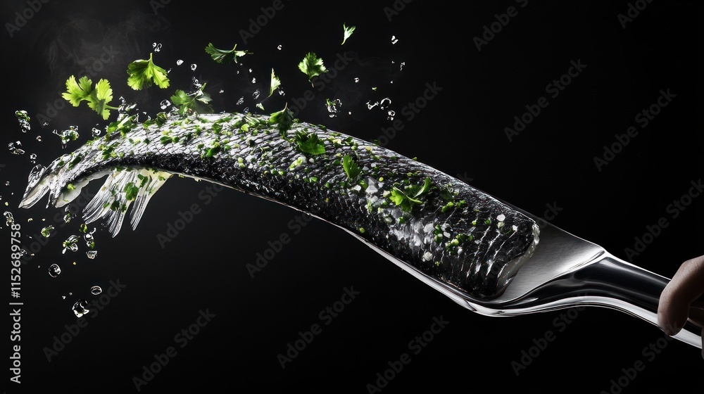 A fish garnished with herbs, presented in a dynamic, artistic manner. A fish garnished with herbs, presented in a dynamic, artistic manner.