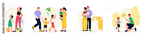 Set of families. Happy men and women with children. Mother, father and daughter with son. Good family relationships. Positivity and optimism. Flat vector collection