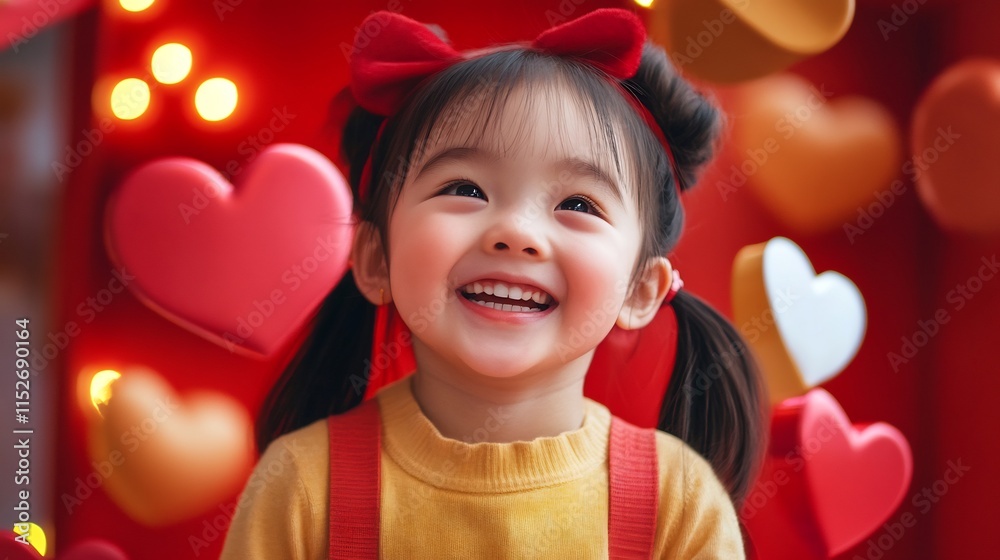 Adorable Asian Girl Smiling with Joy on Festive Valentine's Day Background Adorable Asian Girl Smiling with Joy on Festive Valentine's Day Background