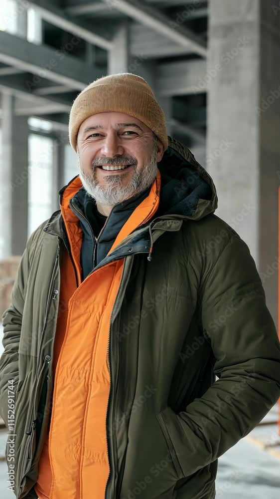 Smiling worker in warm coat stands proudly at construction site during winter day