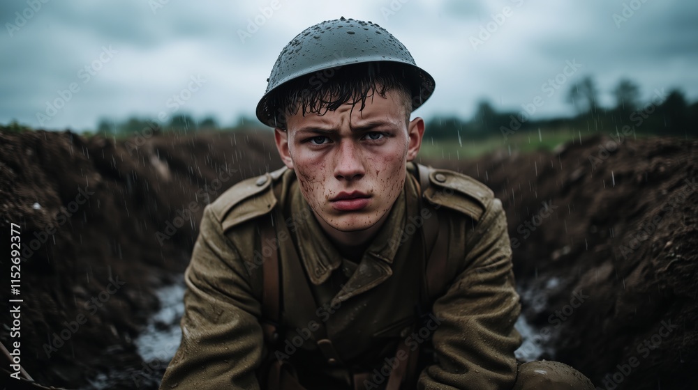 World War I soldier in muddy trench during rainy weather, wearing a steel helmet and uniform, close-up portrait World War I soldier in muddy trench during rainy weather, wearing a steel helmet and uniform, close-up portrait