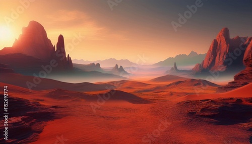 Expansive orange desert landscape with misty mountains and a glowing horizon