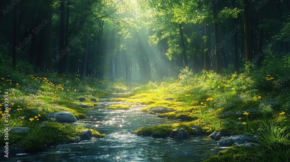 Sunlit stream flows through mossy, flowering forest. Sunlit stream flows through mossy, flowering forest.