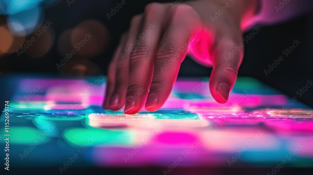 A vibrant hand interacts with a colorful illuminated surface, showcasing creativity and technology in an engaging digital environment. A vibrant hand interacts with a colorful illuminated surface, showcasing creativity and technology in an engaging digital environment.