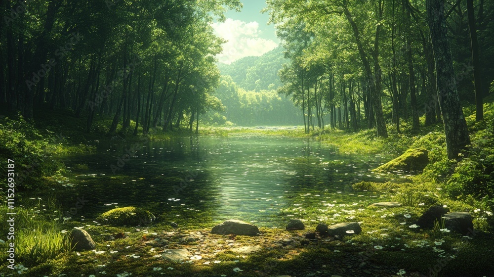 Fototapeta premium Serene forest stream, lush green, tranquil.