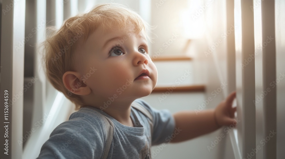 Child Gazing Upward in Bright Staircase Hallway Child Gazing Upward in Bright Staircase Hallway