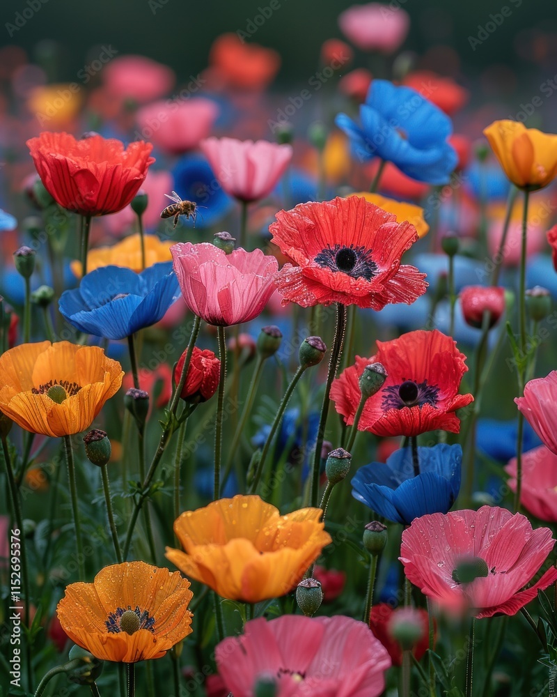 Fototapeta premium Vibrant multicolored poppies and bee in a field.