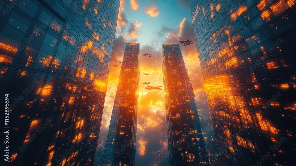 Fototapeta premium Futuristic cityscape, sunset, flying vehicles.