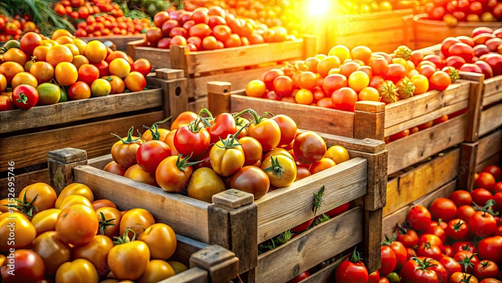 Ripe, crimson tomatoes overflow wooden crates; a surreal abundance of organic perfection. Ripe, crimson tomatoes overflow wooden crates; a surreal abundance of organic perfection.
