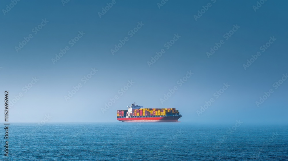 A large container ship floats in calm waters under a blue sky, conveying maritime transport. A large container ship floats in calm waters under a blue sky, conveying maritime transport.
