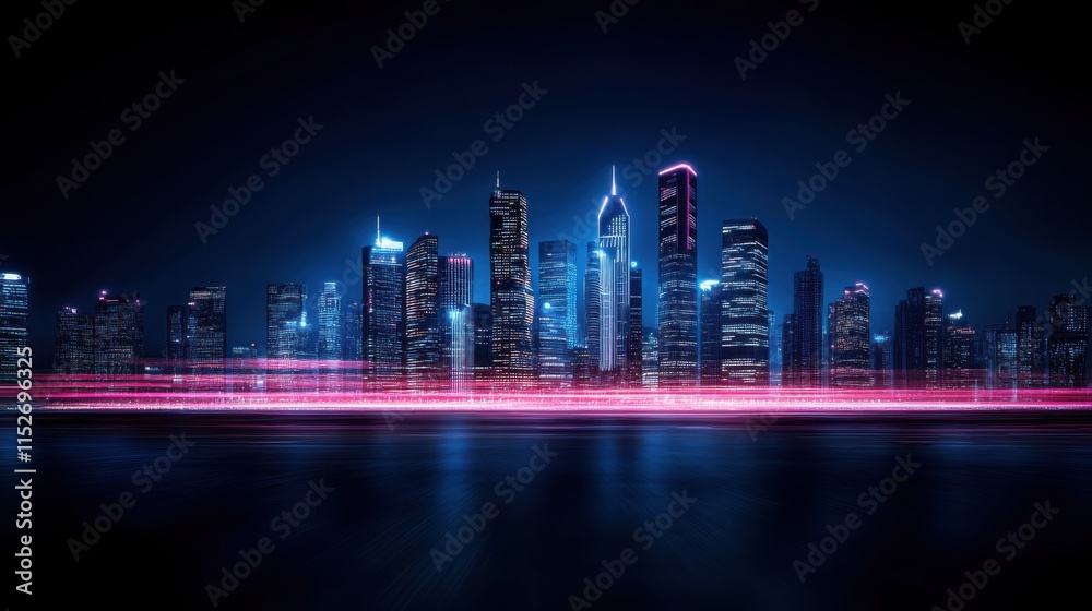 Fototapeta premium Modern skyline reflecting on calm water at night with vibrant lights and glowing skyscrapers in urban setting