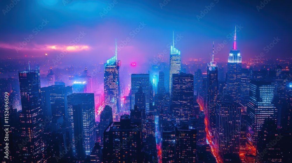 Fototapeta premium Neon-lit cityscape at twilight, vibrant hues.