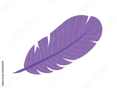 Colorful feather icon. Violet bird feather, plumage. Falling, floating or flying object. Furry material for pillows. Logo and emblem. Flat vector illustration