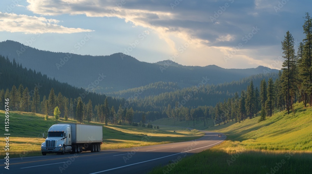A serene highway scene with a truck surrounded by mountains and lush greenery. A serene highway scene with a truck surrounded by mountains and lush greenery.