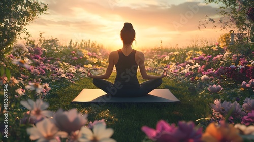 A serene scene of a woman meditating on a yoga mat in a garden filled with flowers photo