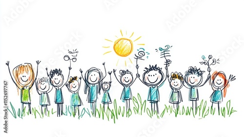 Happy Children Celebrate Together Under a Bright Sun with Upraised Hands and Joyful Expressions