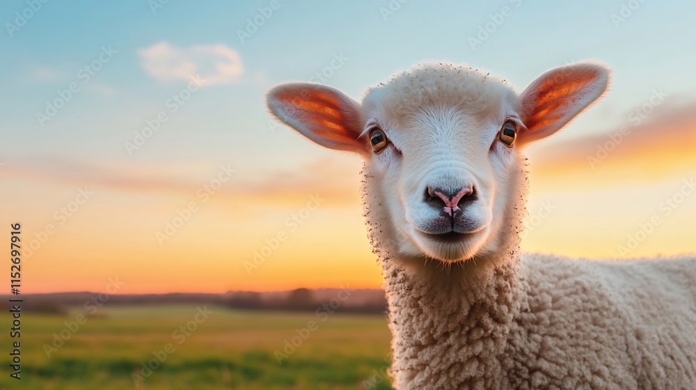 Fototapeta premium Adorable Lamb Standing in Peaceful Countryside Landscape at Sunset