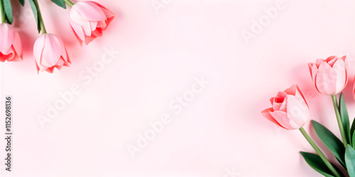 Modern tulips flat lay on pink background. Happy Valentines day and happy mothers day. Stylish beautiful floral border with space for text. Tender pink flowers banner