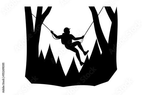 A person ziplining through a forest silhouette illustration on white background