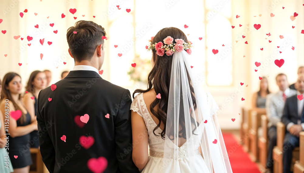 The bride and groom are walking into the wedding church, full of hearts, and saying their wedding vows in the church ceremony. The bride and groom are walking into the wedding church, full of hearts, and saying their wedding vows in the church ceremony.