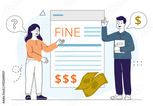 People with fine. Man and woman near documents and banknotes. Punishment and penalty for violation of traffic rules. Businesswoman with fee, bill and tax. Linear vector illustration