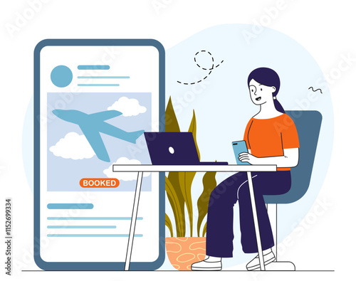 Woman booking flight. Young girl buys plane tickets. Travel and tourism, trip. Tourist preparing for vacation and holiday. Buying boarding pass on airplane. Linear vector illustration