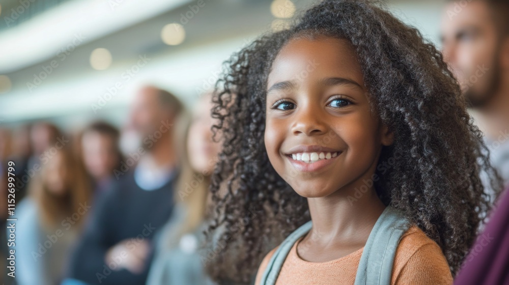 Smiling Girl Among Diverse Audience at Science Fair Smiling Girl Among Diverse Audience at Science Fair