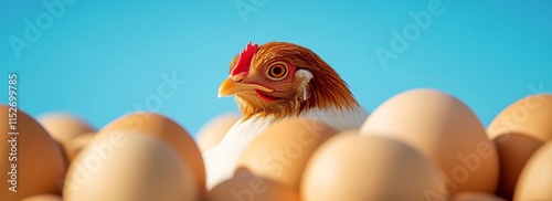 Chicken peeking from eggs on blue background photo