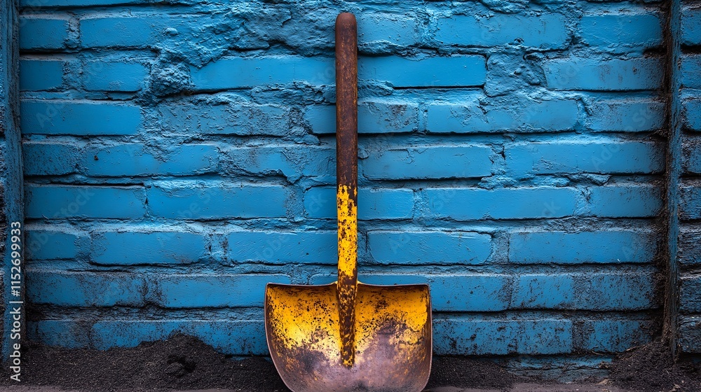 Bright yellow shovel resting against a vibrant blue brick wall in an outdoor setting Bright yellow shovel resting against a vibrant blue brick wall in an outdoor setting