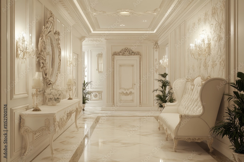Fototapeta premium Elegant, ornate hallway with white marble floor, ornate furniture and wall decor. Ideal for luxury real estate, interior design, and home decor projects.