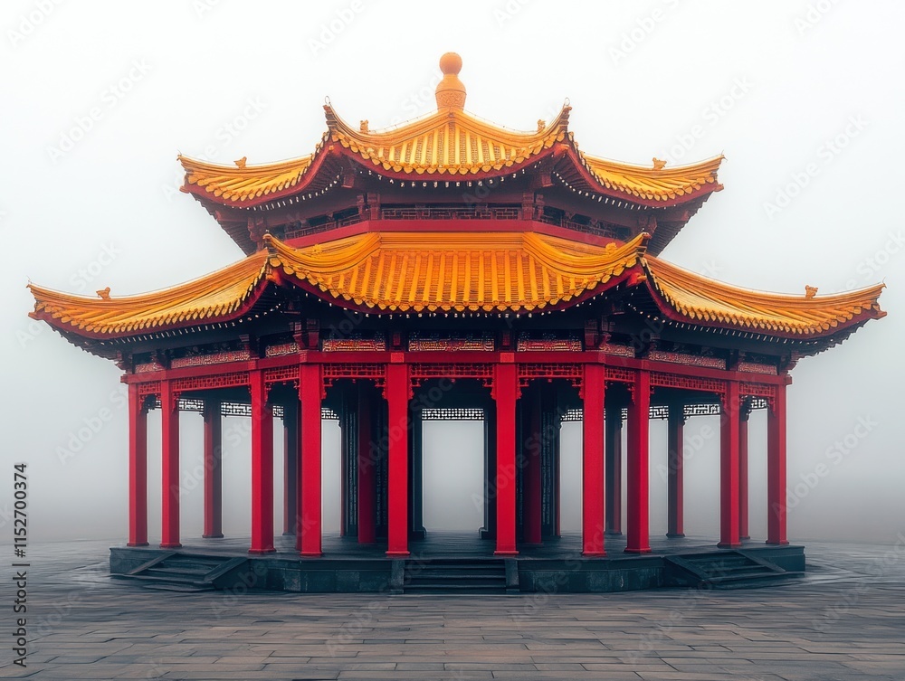 Red pagoda with golden roof in foggy atmosphere. Red pagoda with golden roof in foggy atmosphere.