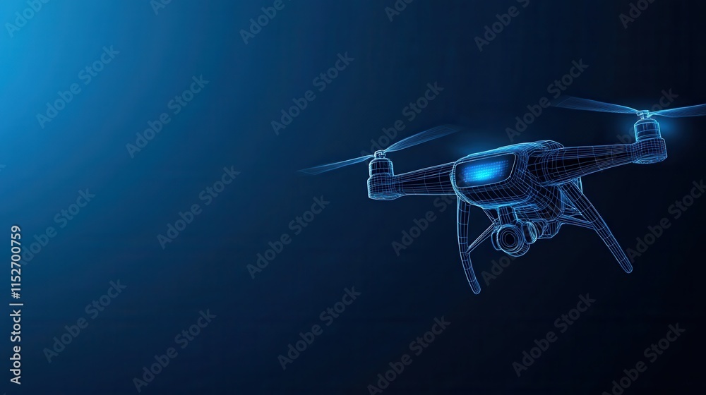 Futuristic Drone in Wireframe Design with Blue Background and Soft Lighting for Technology and Innovation Themes Futuristic Drone in Wireframe Design with Blue Background and Soft Lighting for Technology and Innovation Themes