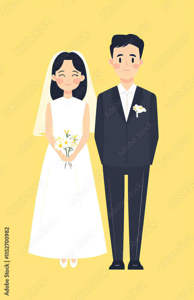 happy couple in wedding attire, featuring bride in white dress and groom in black suit, set against cheerful yellow background happy couple in wedding attire, featuring bride in white dress and groom in black suit, set against cheerful yellow background