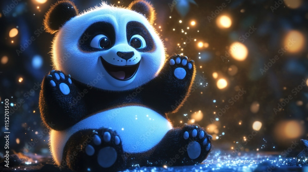 A cute, animated panda joyfully sitting amidst sparkling lights in a whimsical setting. A cute, animated panda joyfully sitting amidst sparkling lights in a whimsical setting.