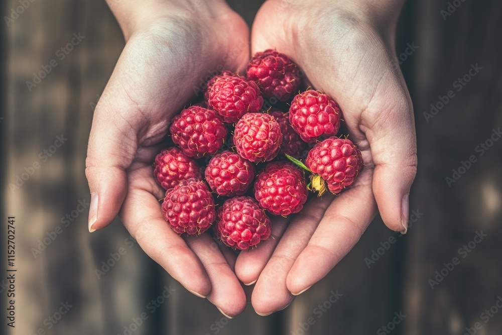 A pair of hands holding fresh raspberries, showcasing their vibrant color and texture. A pair of hands holding fresh raspberries, showcasing their vibrant color and texture.