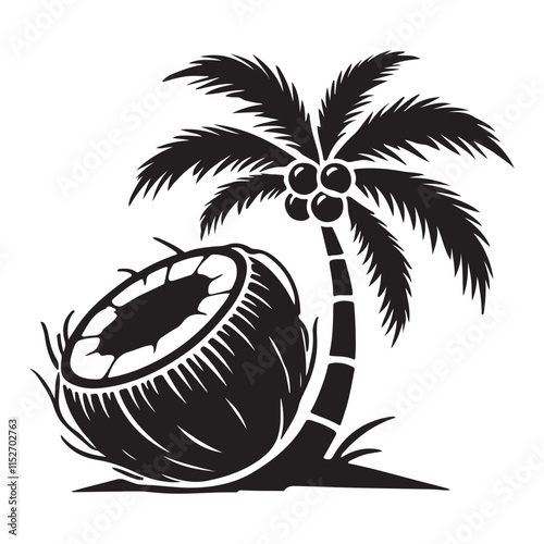 Coconut Silhouette Vector Illustration, Solid White Background.