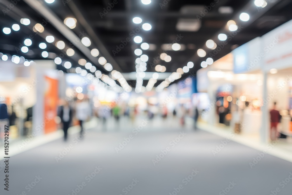 Blurred image of a busy trade show with people walking through exhibit booths and bright lights.