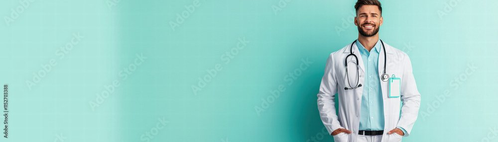 Caregiver Freelance Healthcare concept. Smiling doctor in a white coat with a stethoscope against a turquoise background. Caregiver Freelance Healthcare concept. Smiling doctor in a white coat with a stethoscope against a turquoise background.