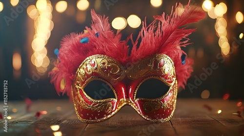 Elegant red and gold Venetian mask with feathers, resting on a wooden surface with bokeh lights in the background.  Perfect for Mardi Gras, masquerade, or carnival themes. photo