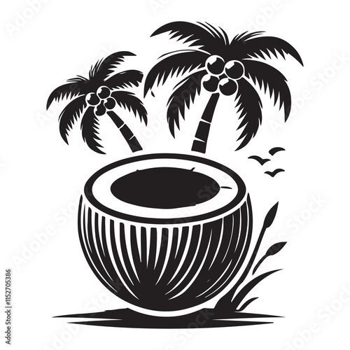 Coconut Silhouette Vector Illustration, Solid White Background.