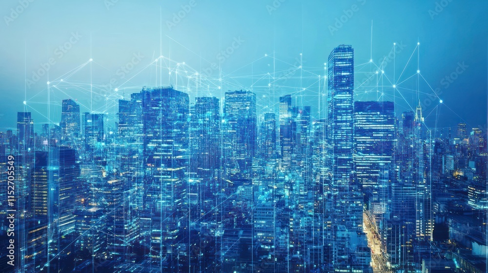 Fototapeta premium A futuristic city skyline with digital connections and a blue hue.