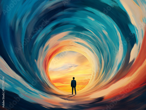 A surreal landscape featuring a lone figure standing within a swirling tunnel of vibrant colors, viewing a sunset beyond.