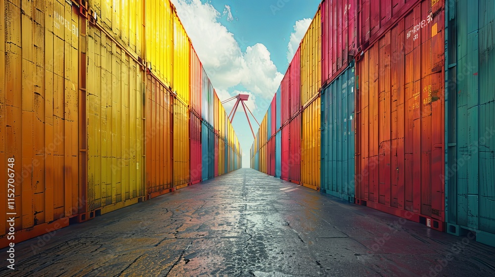 Fototapeta premium Colorful Cargo Containers Lining a Port's Dock, Leading to a Crane