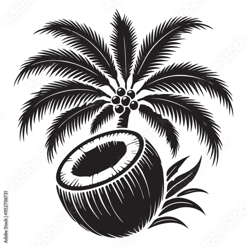 Coconut Silhouette Vector Illustration, Solid White Background.