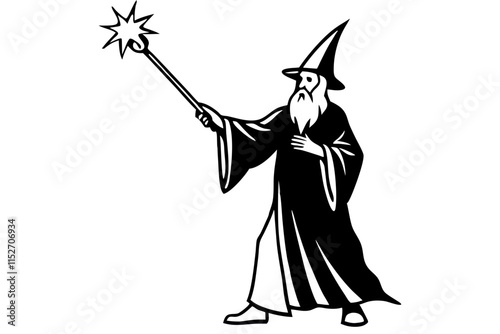 Wizard casting a spell with a glowing staff silhouette illustration on white background