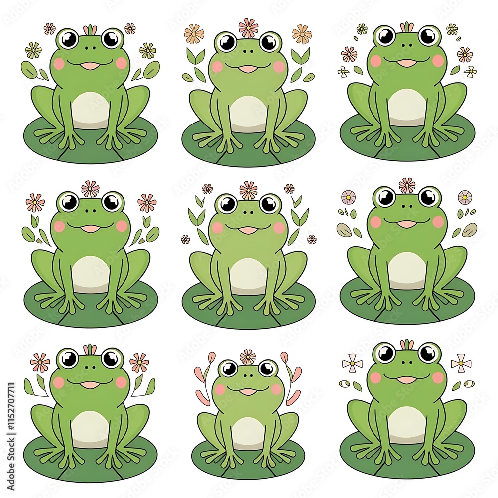 Fototapeta premium set of cartoon frogs with flowers and the words frog .