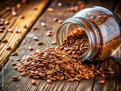 Rustic wood backdrop showcases a linseed oil spill, scattering seeds beside a jar of the golden oil.